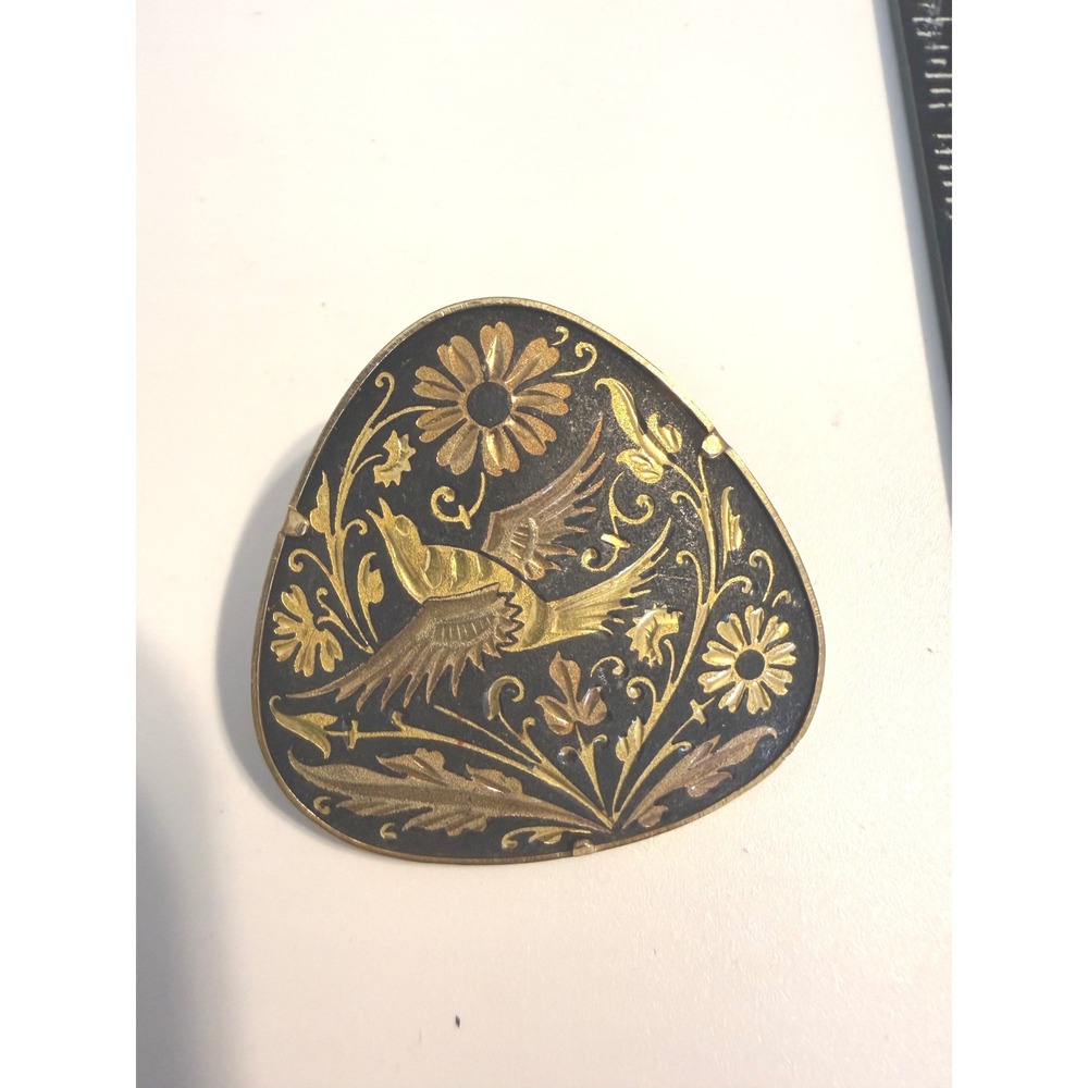 Vintage Damascene Bird and Flower Triangular Brooch Pin Gold Black Spanish Style